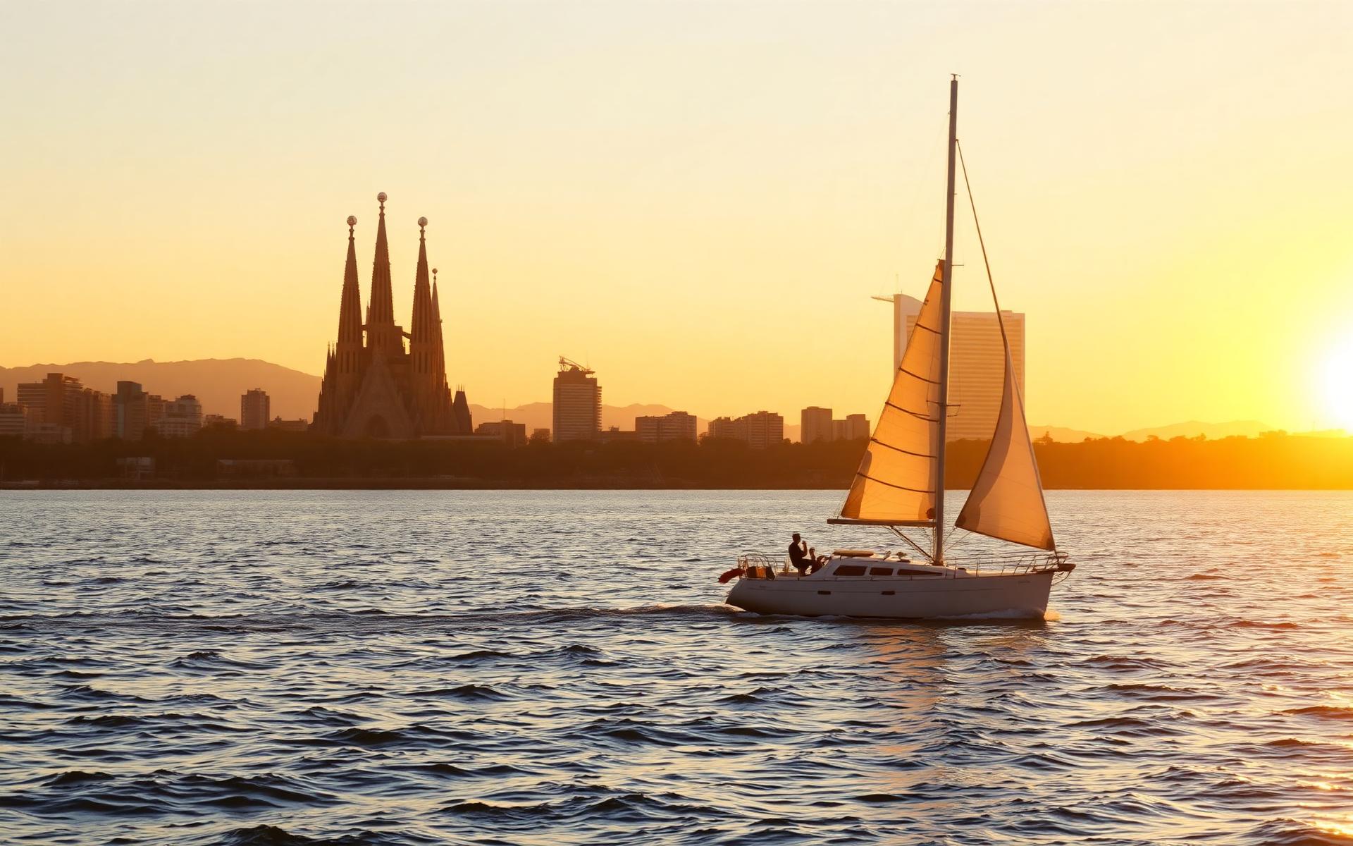 Sailboat at sunset with the Barcelona skyline in the background